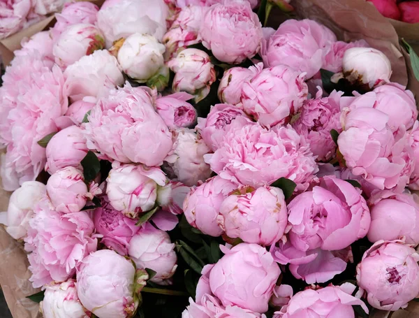 Beautiful colorful bouquet of peonies packaged in kraft paper in flower shop or flower market. Background of beautiful blooming peonies. Close-up of flowers, abstract soft floral background, top view.