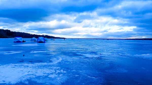 Pescadores Hielo Por Noche Pesca Tiendas Campaña Para Pesca Invierno — Foto de Stock