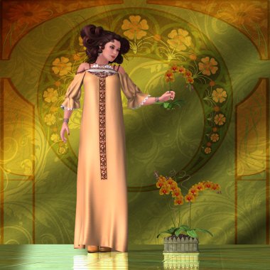 Art Nouveau Woman - Orchids