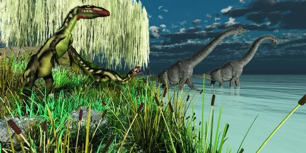 Dinosaurios Brachiosaurus y Dilong — Foto de Stock