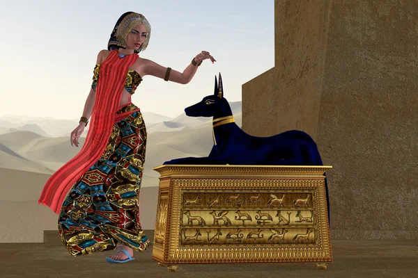 Femme égyptienne et statue Anubis — Photo