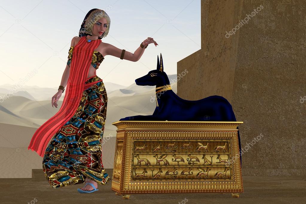 Egyptian Woman and Anubis Statue