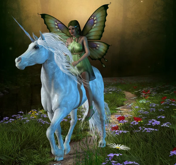 Forest fairy en unicorn — Stockfoto