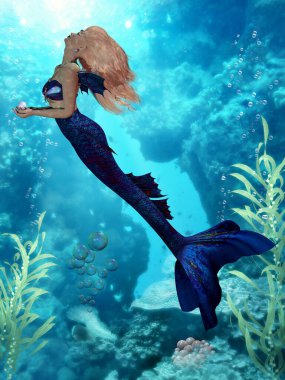 Kocaman güzel bir inci tutarken mavi bir deniz kızı okyanus yüzeyine yükselir..