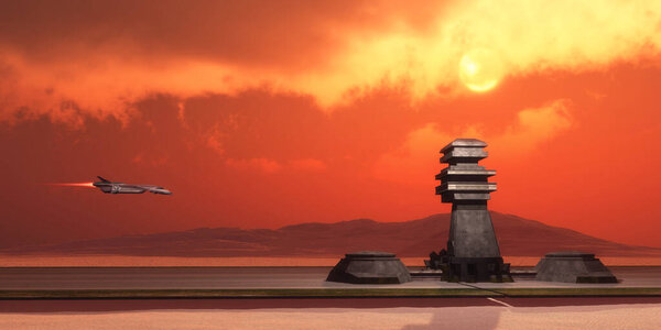 An airport on Mars planet receives a starcraft from Earth.