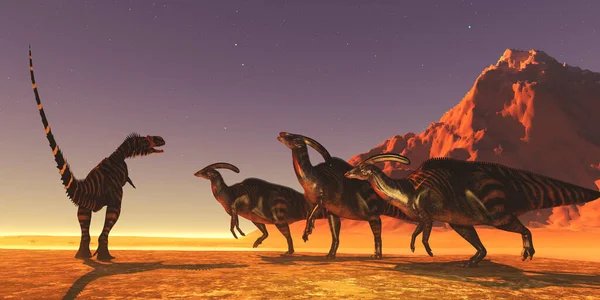 Een Theropode Vleesetende Rajasaurus Dinosaurus Confronteert Een Kudde Parasaurolophus Sauropoden — Stockfoto