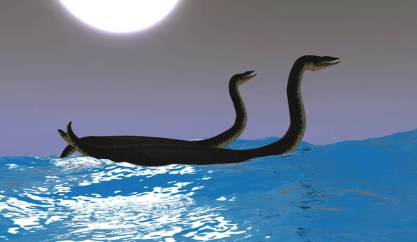 Two Plesiosaurus Carnivorous Reptiles Have Fun Riding Ocean Waves Moonlit — Stock Photo, Image