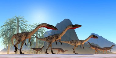 Bir Plateosaurus otçul sürüsü Triyas Dönemi boyunca etobur bir Coelophysis dinozor sürüsünü izler..