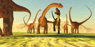 Bir Theropod Torvosaurus, Jurassic Dönemi sırasında bir Diplodocus dinozorunu devirmeye çalışır..