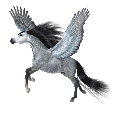 Güzel, gümüş benekli bir Pegasus aygırı sihirli kanatlarla gökyüzüne uçar..