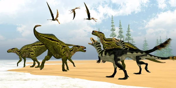 Two Alioramus Theropod Dinosaurs Confront Herd Shantungosaurus Herbivores Anhanguera Pterosaurs — Stock Photo, Image