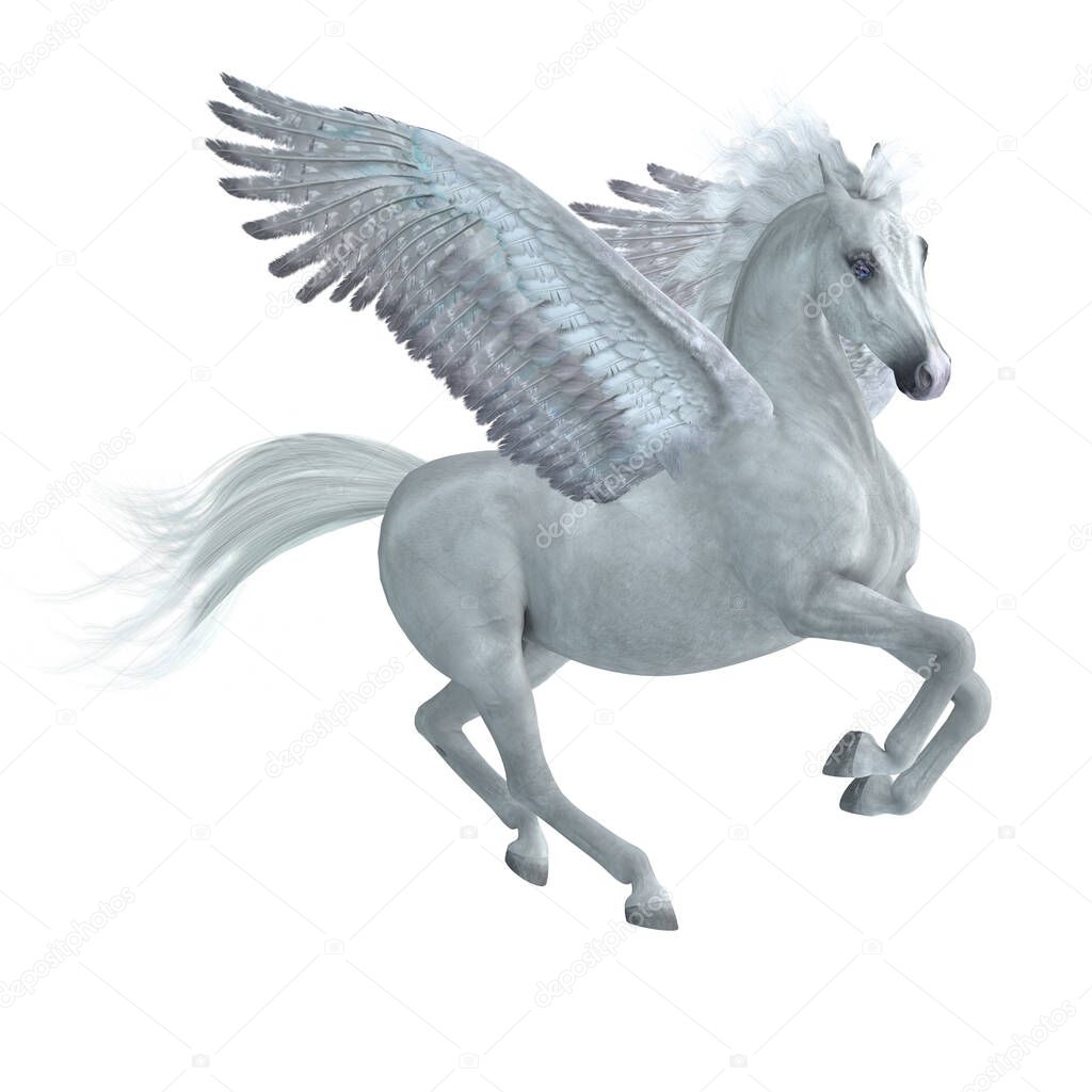 A beautiful white Pegasus stallion, a legendary mythical horse with wings, takes off for the sky.