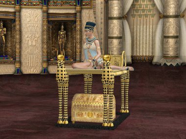 Mısırlı bir kraliçe, Çita kedi platformunda oturur ve iç odasına misafir kabul eder..