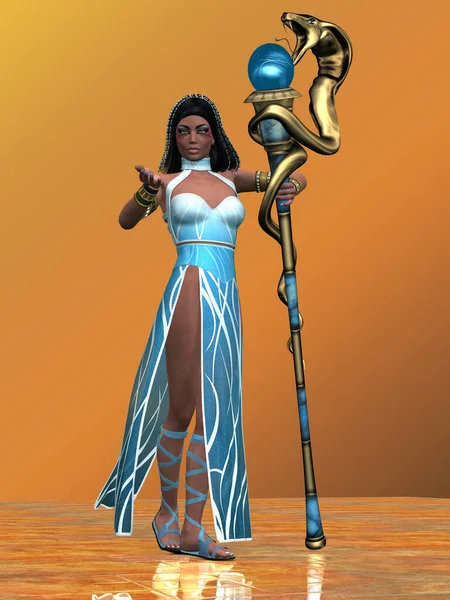 Una Reina Egipcia Vestido Azul Encuentra Con Bastón Serpiente Que — Foto de Stock