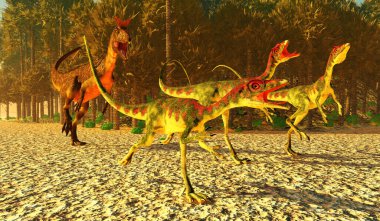 Compsognathus dinozorları yaşamlarını kurtarmak için koşarken Cryolophosaurus yırtıcısı onları Jurassic Çağı sırasında yakalamaya çalışıyor..