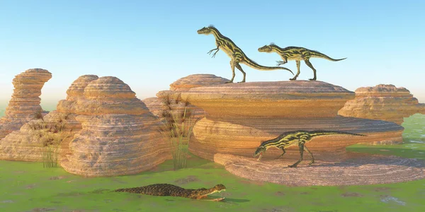 Egy Sarcosuchus Hüllő Várakozik Egy Deltadromeus Dinoszauruszra Aki Vizet Akar — Stock Fotó
