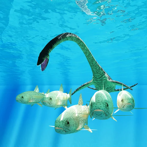 Sea Trout Fish Scatter Elasmosaurus Bears Them Cretaceous Period — 스톡 사진