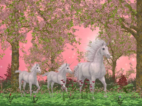 White Unicorn Mother Leads Her Twin Foals Magical Forest Full — Fotografia de Stock