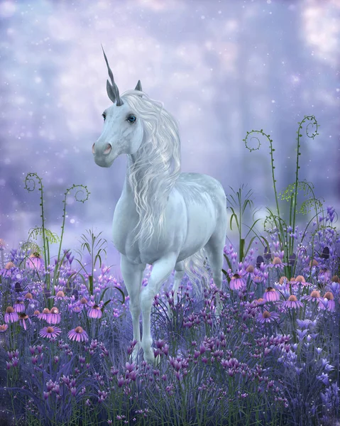 Legendary White Unicorn Ambles Purple Bell Flowers Walk Magical Forest — Foto de Stock