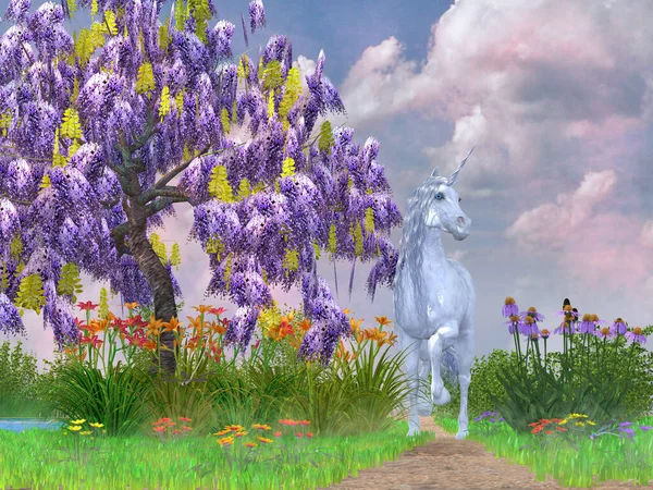 Legendary White Unicorn Follows Path Surrounded Flowers Purple Wisteria Tree — Stok fotoğraf