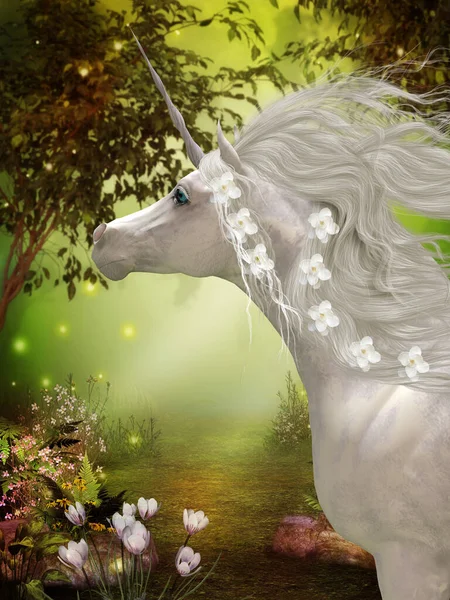 Unicorn Horned White Horse Creature Folklore Legend Lives Magical Forest Stockbild