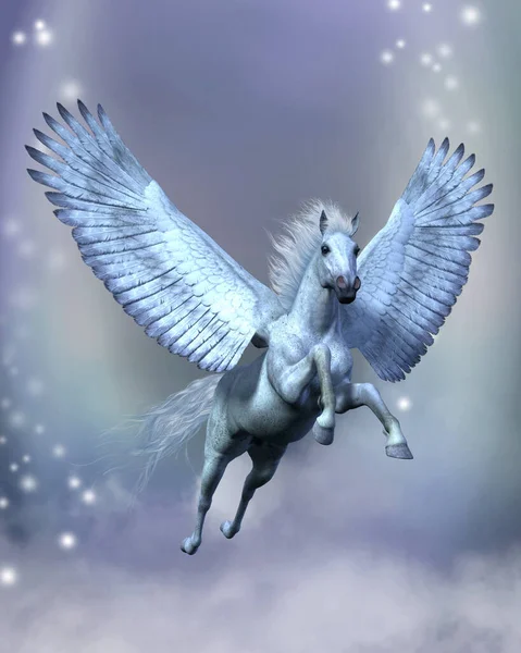 Legendary White Pegasus Flies Stars Fluffy Clouds Sturdy Wings Foto Stock