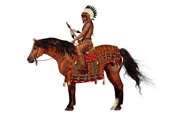 An American Indian rides his Appaloosa horse with war paint on his face and a spear in his hand.