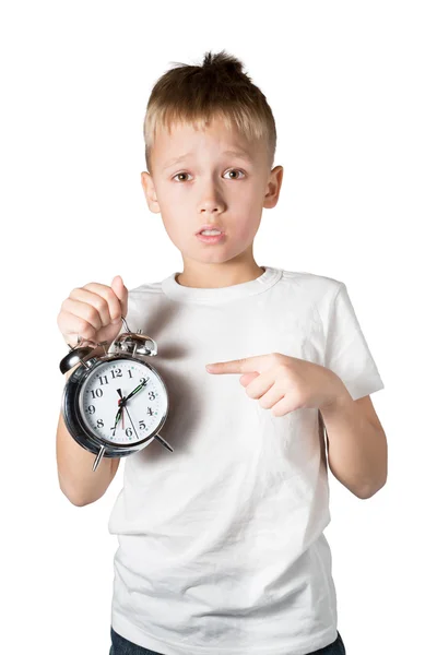 Young Boy Showing Alarm Clock — Stock Photo, Image