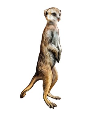 Meerkat (Suricata suricatta), gerçekçi çizim, Afrika hayvan ansiklopedisi için illüstrasyon, beyaz arka planda izole görüntü