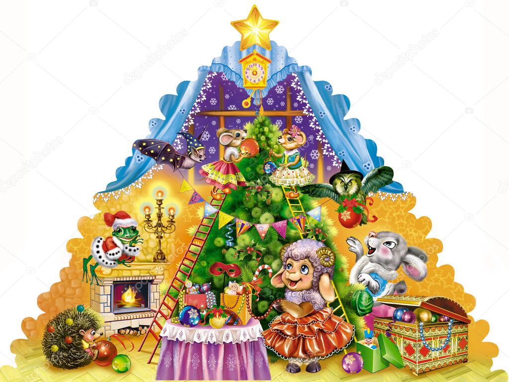 Funny animals decorate decorate Christmas tree, joyful new year atmosphere, illustration for children's book