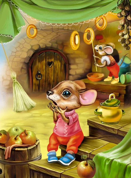 穴の中の面白いマウス 家の中のマウス 子供用の本のイラスト 居心地の良い動物の部屋 — ストック写真