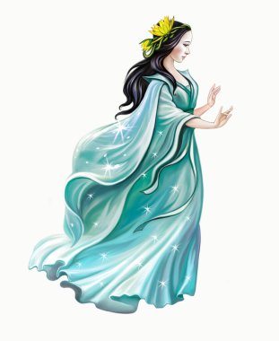 Nehir Perisi, Su Tanrıçası, şeffaf elbiseli güzel büyücü, peri masalı mitolojik karakter, beyaz arka planda izole edilmiş bir görüntü.