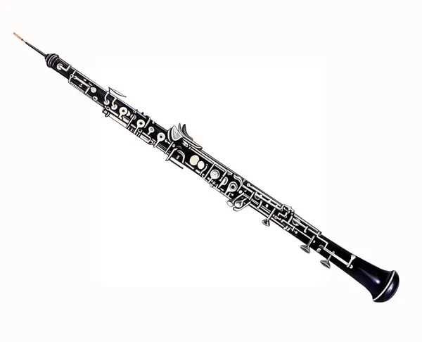 Obua, senfoni orkestrasının müzik enstrümanı, gerçekçi çizim, beyaz arka planda izole görüntü.