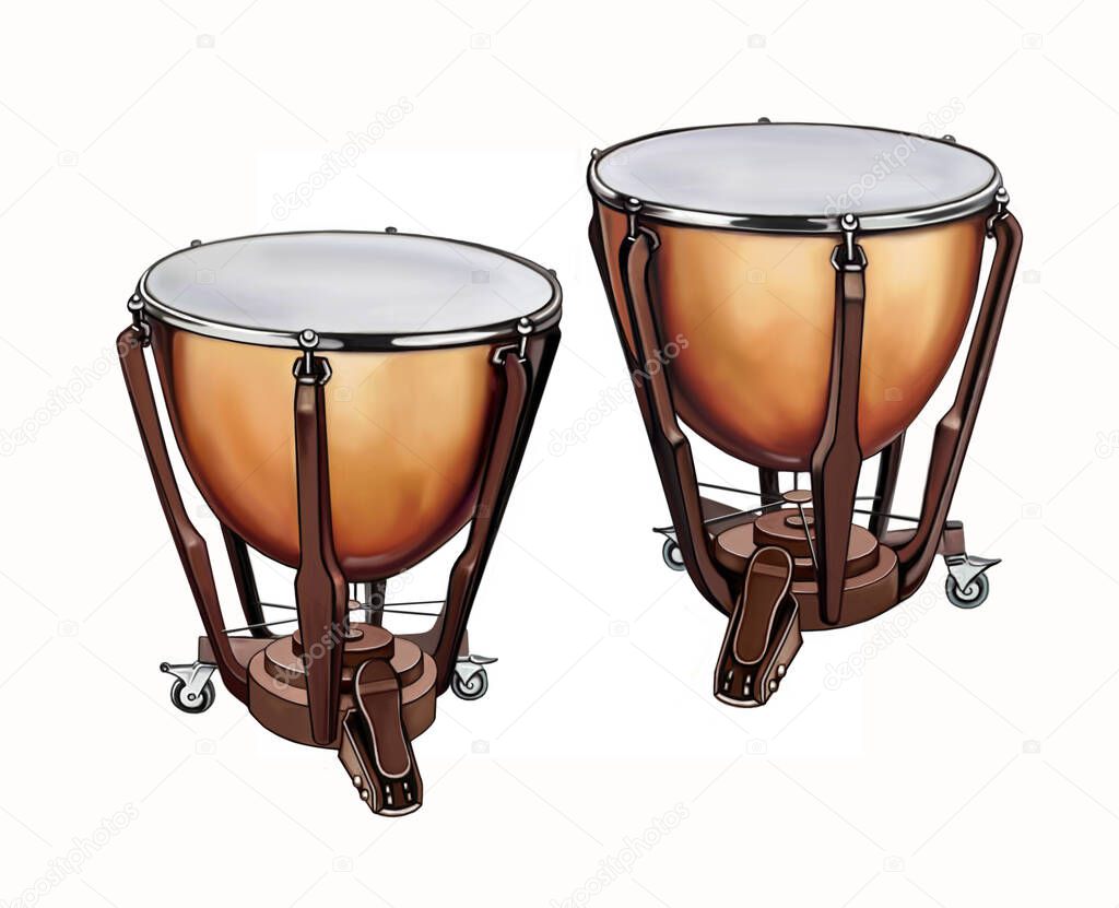 Timbales, kettledrones (llamados timps), instrumentos musicales en la