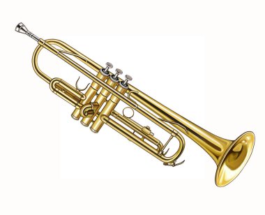 Trompet, orkestra enstrümanı, gerçekçi çizim, beyaz arka planda izole görüntü