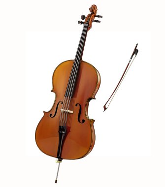 Violoncello (çello), 4 telli müzik aleti, klasik senfoni orkestrası, gerçekçi çizim, beyaz arka planda izole görüntü