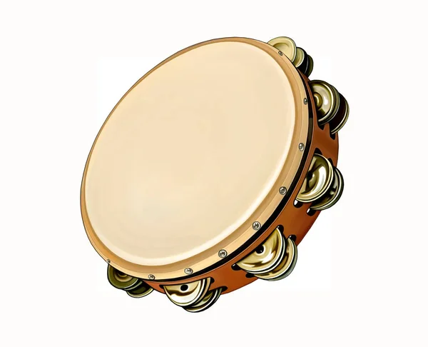 Tamburello Strumento Musicale Percussione Disegno Realistico Immagine Isolata Sfondo Bianco — Foto Stock