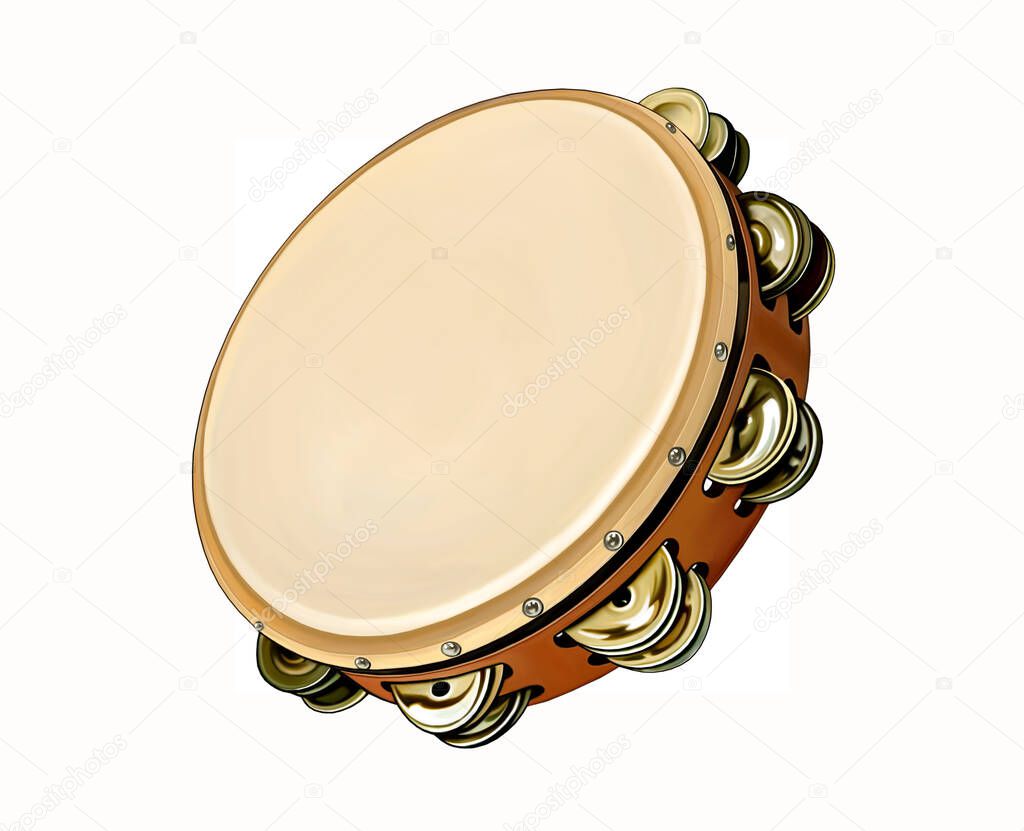Tambourine, percussion musical instrument, realistic drawing, isolated image on white background