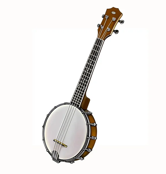 Banjo Stringed Plucked Musical Instrument Realistic Drawing Isolated Image White — Stock Photo, Image