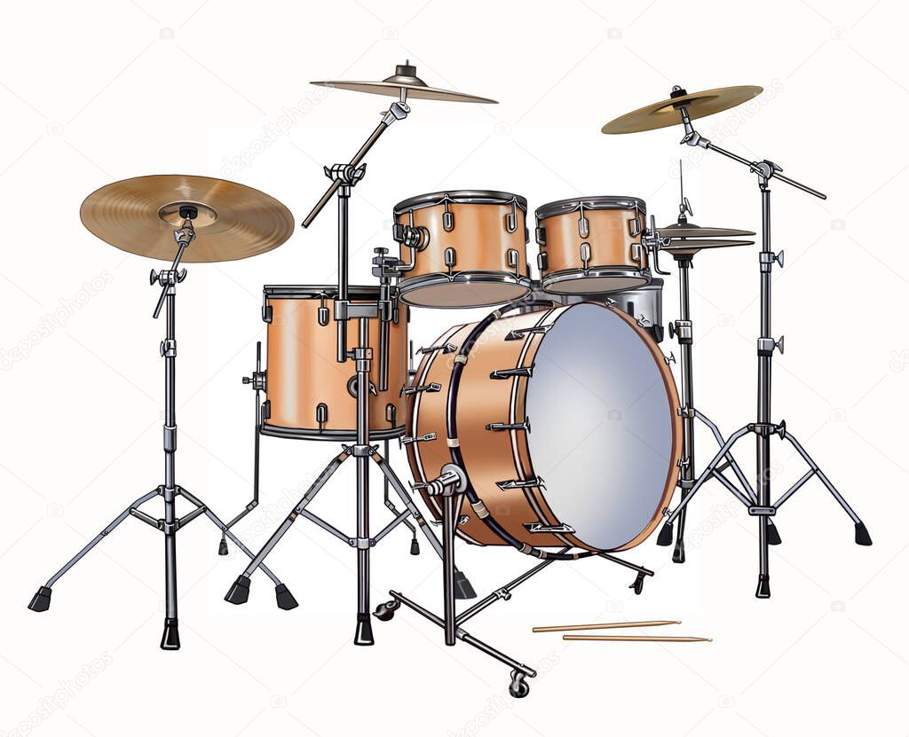 Drums, drum kit, bass drum, snare drum, cymbals and other percussion instruments, realistic drawing, isolated image on white background