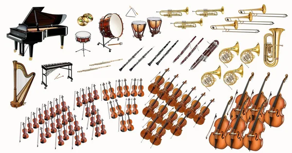 Senfoni orkestrası şeması, müzik aletlerinin düzenlenmesi, beyaz arkaplanda izole edilmiş görüntüler..