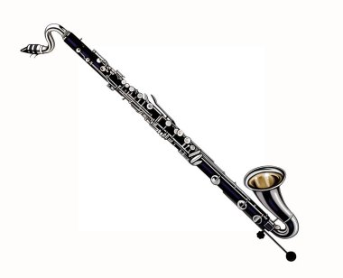Bass clarinet, woodwind musical instrument, realistic drawing, isolated image on white background clipart