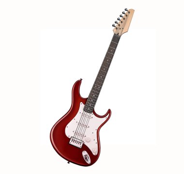 Elektro gitar, modern müzik aleti, gerçekçi çizim, çizim, beyaz arka plandaki izole görüntü.