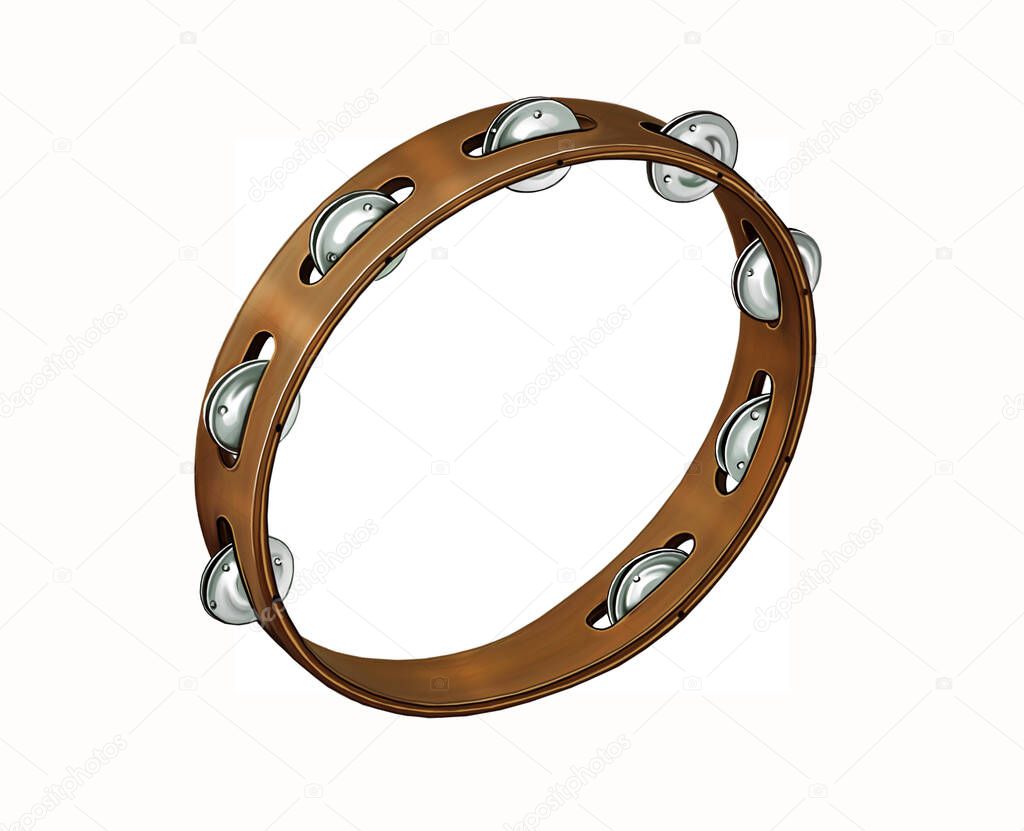 Tambourine without membrane, realistic drawing, musical instrument illustration, isolated image on white background