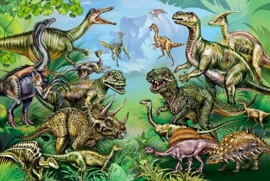 Mezozoik dönemin Kretase Dönemi dinozorları, yırtıcılar ve otçullar, kitap için illüstrasyon, büyük renkli poster