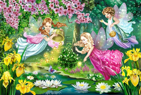 Little Flower Fairies Fly Flowers Garden Forest Spirits Fairy Tale — Stock Photo, Image