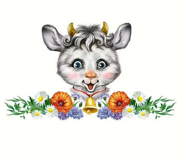 Cute Cartoon Gray Goatling Fairy Tale Character Isolated White Background — Stock Photo, Image