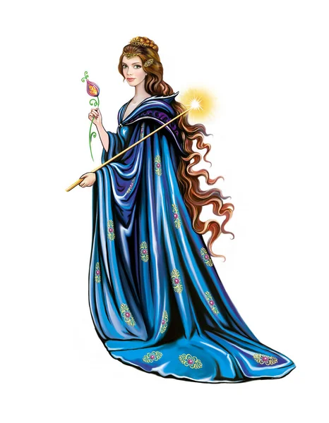 美しい赤い髪の魔女 魔法の杖と花 白い背景に孤立した文字を持つ青いマントのような森の妖精 — ストック写真