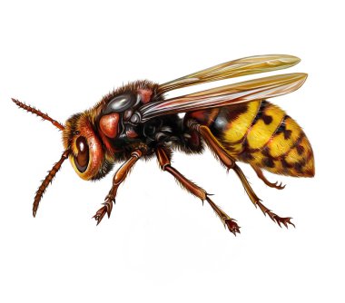 Eşek arısı (Vespa crabro), en büyük eşekarısı, gerçekçi çizim, resimleme, beyaz arkaplan üzerindeki izole görüntü.