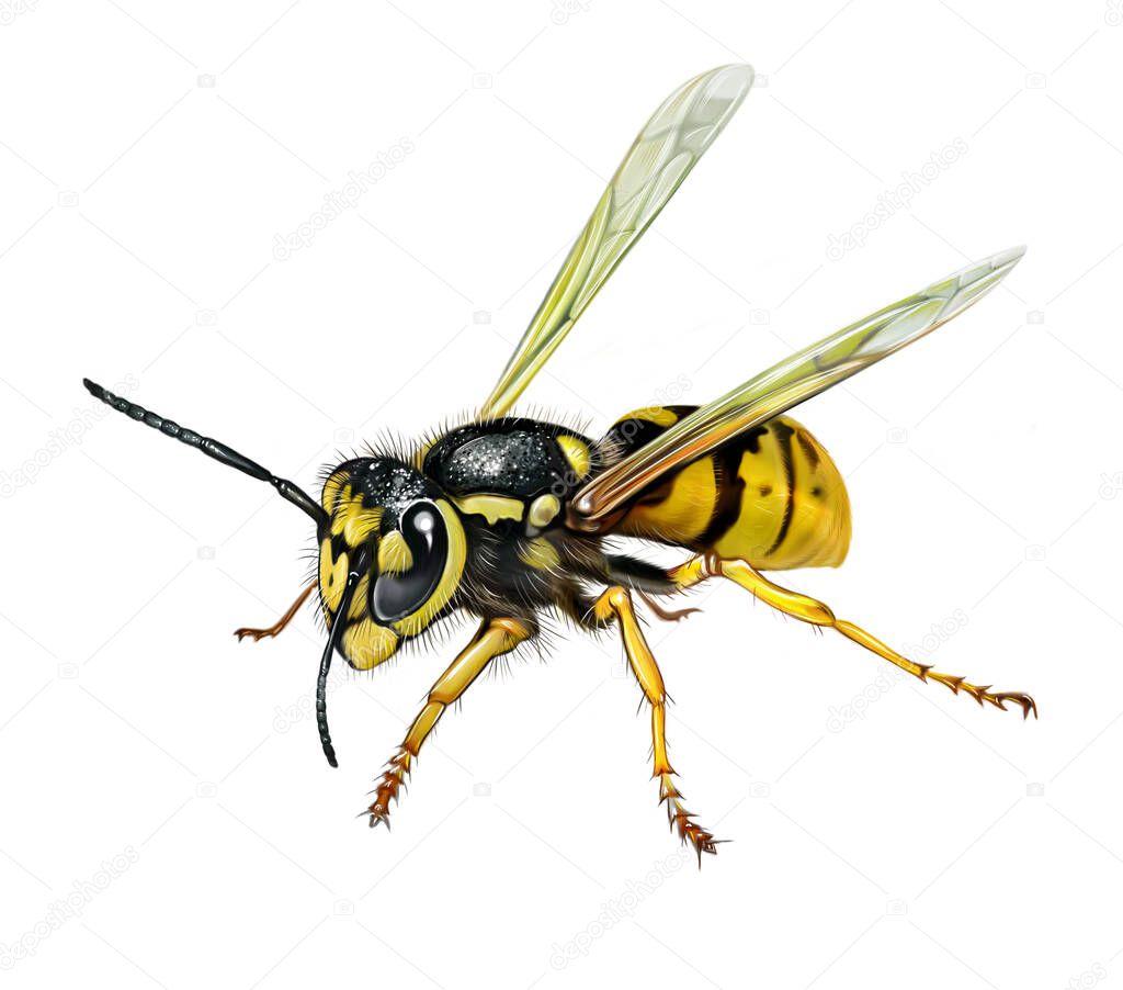 Wasp (Aculeata), stinging insect of the Hymenoptera order, realistic drawing, illustration, isolated image on a white background